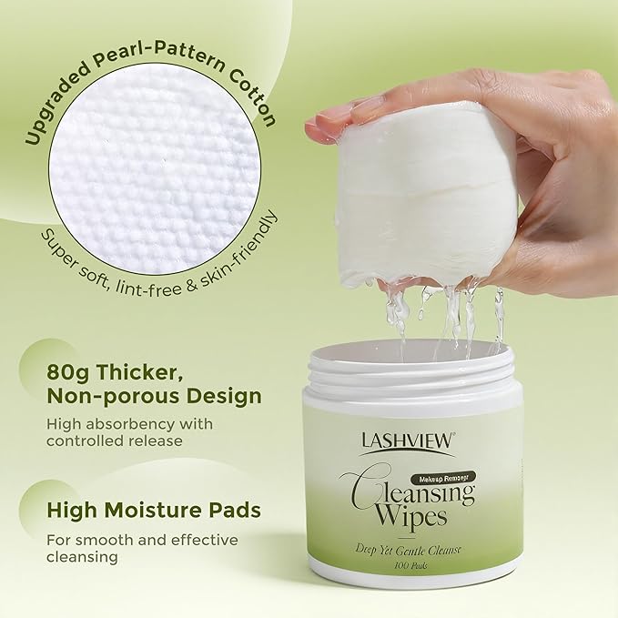 LASHVIEW Makeup Remover Cleansing Wipes, Micellar Water Pads Biodegradable & Alcohol-Free, Mild Toner Pads for Face, Eyes, Sensitive Skin with Applicator, 100 Count