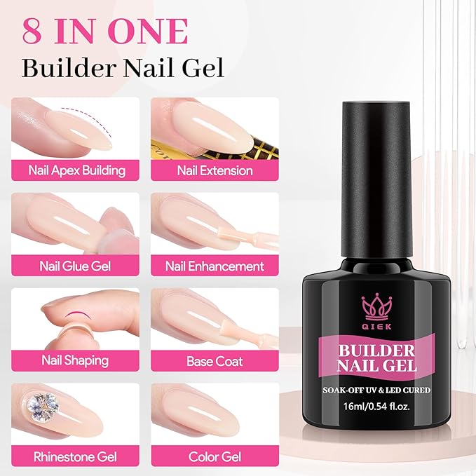 QIEK Builder Nail Gel Polish, 8-in-One Building Strengthener Apex Enhancement Extension Hard Jelly Nude Gel Polish LED Lamp Cured Rubber Base Coat for DIY Manicure Home Beauty Gifts for Women