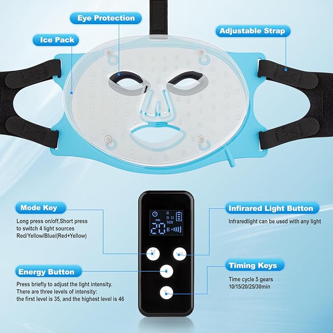 Red Light Therapy for Face Mask with Ice Compress, 850nm Infrared Red Light Therapy, 7+1 Light Modes Led Face Mask Light Therapy, Level 5 Timing, 3000mAh, Led Mask Light Therapy for Home, Blue