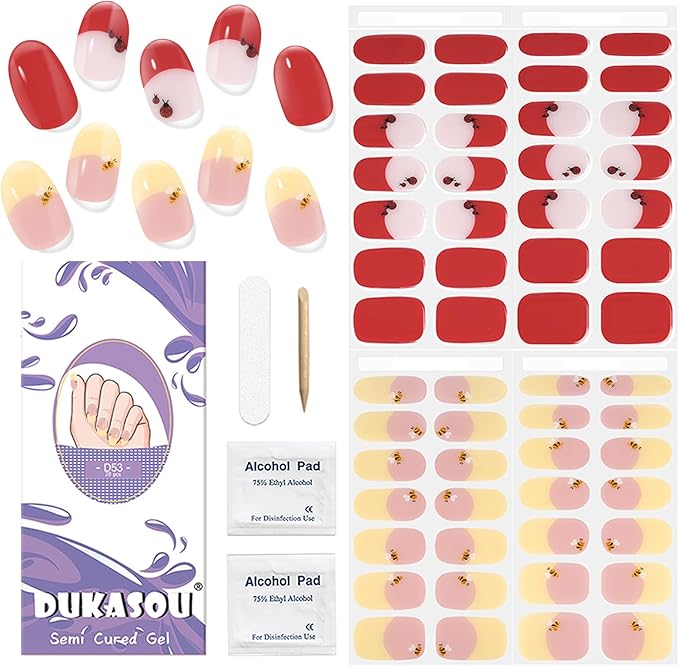 DUKASOU Semi Cured Gel Nail Strips, 56Pcs French Tip Nail Art Stickers/Wraps, Long Lasting UV Nail Polish Strips for Adults(French Tip Red Beetle+Yellow Bee)