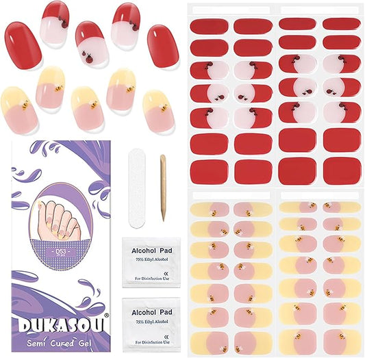 DUKASOU Semi Cured Gel Nail Strips, 56Pcs French Tip Nail Art Stickers/Wraps, Long Lasting UV Nail Polish Strips for Adults(French Tip Red Beetle+Yellow Bee)
