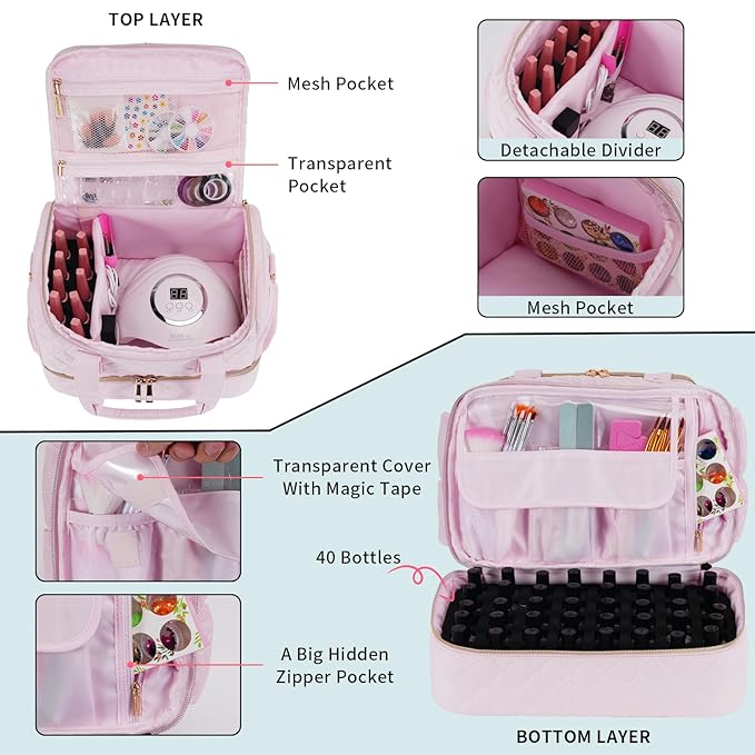 VOFIpremiAm Nail Polish Organizer Case Fits 1 Nail Lamp and 50 Bottles,Pretty Nail Organizers and Storage with Side Pockets for Nail Polish Remover,Manicure Tools (Patented,Bag Only)-Pale Pink