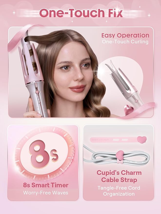 SHEGLAM Pink Curling Iron Automatic Gift for Woman (Pink, 0.75 inch) Cupid's Charm One-Touch Instant Curler