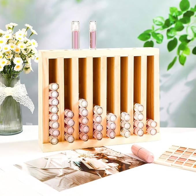 1 Pcs Wooden Lipsticks Holder 0.7 inch Lip Balm Tube Holder Lip Gloss Organizer Display Wood Lipsticks Tube Tower Organizer for Market Craft Booth Room Display (8 Slot)