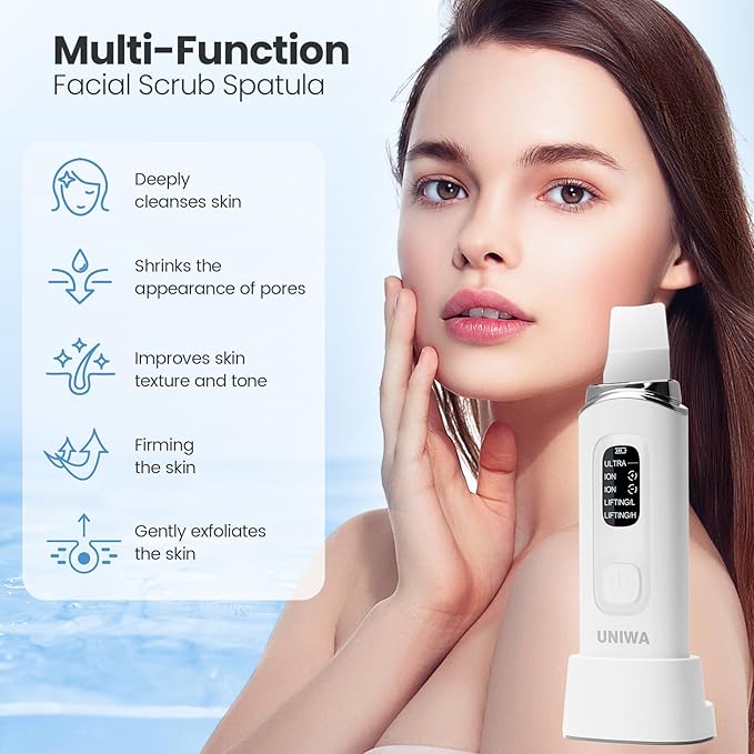 UNIWA Skin Scrubber Face Spatula, Ultrasonic Skin Scrubber Skin Spatula Pore Cleaner Blackhead Remover Tool for Facial Deep Cleansing-4 Modes, with LCD Display, IPX6 Waterproof - White