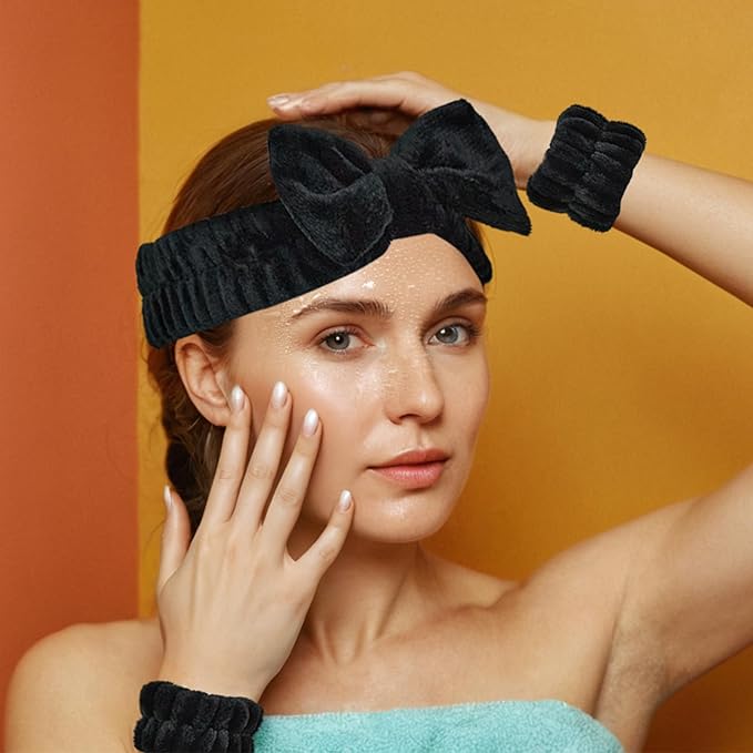 Yaqulen 7 Pcs Spa Set, Facial Headband and Wristband Set, Skincare Accessories, College Style Girl Idea Gifts, Hair Accessories for Women and Girls (Black)
