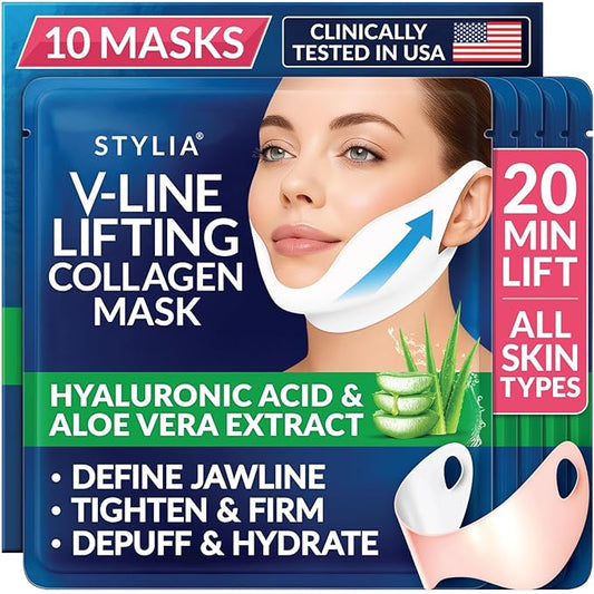 STYLIA V Line Lifting Collagen Mask - Lift, Firm & Contour Jawline - Tightening Double Chin Strap with Hyaluronic Acid & Aloe - Neck Tightening and Lifting Mask - Jawline Shaper Face Lift Tape (10PC)