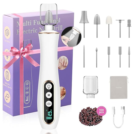 Professional Manicure Pedicure Kit, Cordless Electric Nail File Set, 360° LED Light Nail Drill Machine with LCD Display, 10 Speeds Rechargeable Nail Drill Grinder for Gel Nail Thick Toe Nails
