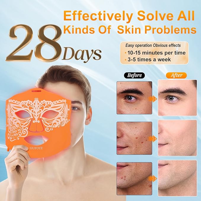 Red Light Therapy for Face Mask with Ice Compress, 850nm Infrared Red Light Therapy, 7+1 Light Modes Led Face Mask Light Therapy, Level 5 Timing, 3000mAh, Led Mask Light Therapy for Home, Orange