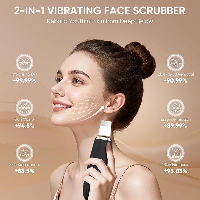 Silicone Face Scrubber Blackhead Scraper Rechargeable 2-in-1 Facial Cleansing Brush & Skin Spatula Duo, IPX7 Waterproof Exfoliating Massager Deep Cleansing for Women and Men（Black）
