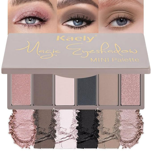 evpct 6 Colors Travel Eye Shadow Palette Makeup, Rose Coffee White Bright Nude Pink Black Brown Sparkly Shimmer Glitter Matte High Pigment Mini Eyeshadow Palette for Older Women, Built in Mirror