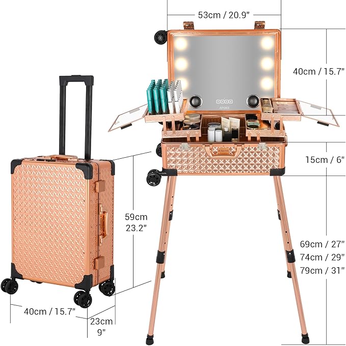 Rolling Makeup Train Case with Lighted Mirror and Bluetooth Speaker Professional Cosmetic Organizer Case with Wheels, Stands Portable Makup Station Vanity for Travel (Rose gold, Medium)
