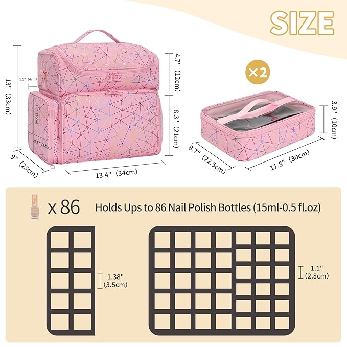 CUBETASTIC Extra Large Nail Polish Organizer Case Holds 86 to 100+ Bottles Nail Polish & Nail Lamp, Nail Supplies Storage Carrying Bag with 2 Removable Pouches (Triangle Pink, 86 Slots)