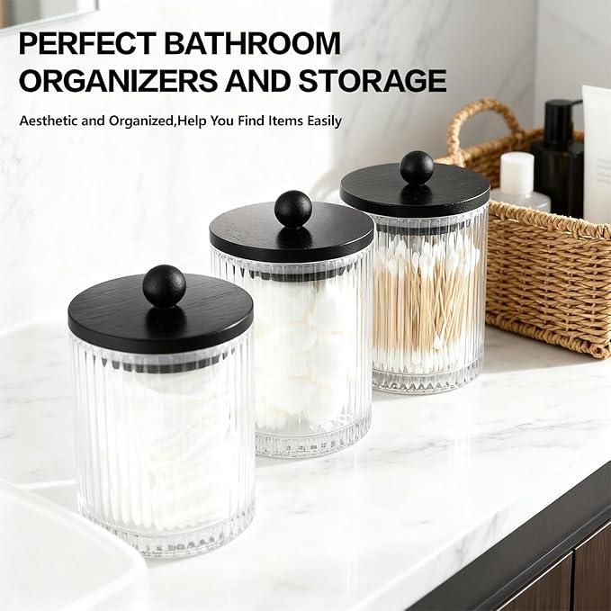 NEECZS 3 Pack Qtip Holder Bathroom Set,Cotton Pad Ball Swab Holder Cotton Round Floss Pick Dispenser with Tray,Glass Apothecary Jars with Black Lids,Bathroom Organizers and Storage Canisters