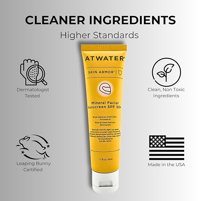ATWATER Skin Armor Mineral Face Sunscreen SPF 50+, Ultra Light All-in-One Sunblock Moisturizer for Men and Women, Water & Sweat Resistant - 1.7 oz (2-Pack)