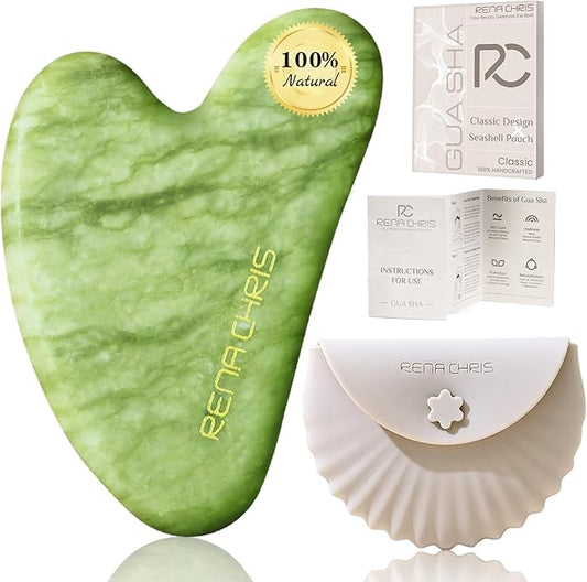 Rena Chris Gua Sha Facial Tools, Xiuyan Jade Stone Guasha Tool for Face Massage, Manual Facial Massager Tool for Jawline Sculpting and Puffiness Reduction with Silicone Case (Green)