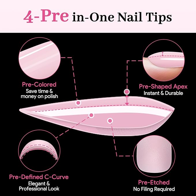 Qiek Medium Almond Pre-Building Nail Tips, 15 Sizes 240 PCS Pre-shaped Apex Pink Soft Press On Fake Nail Half Matte Gel Nail Extensions Strong Thick Acrylic Tip for DIY Beginners & Salon Manicure