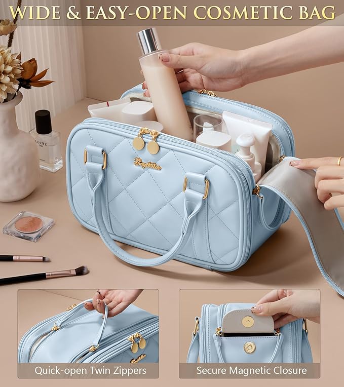 Bagstellar Travel Makeup Bag, Large Capacity Quilted Toiletry Bags for Women, Wide-open Cosmetic Bags Make Up Case Organizer Portable Pouch with Handle & Brush Holder for Traveling Accessories, Blue