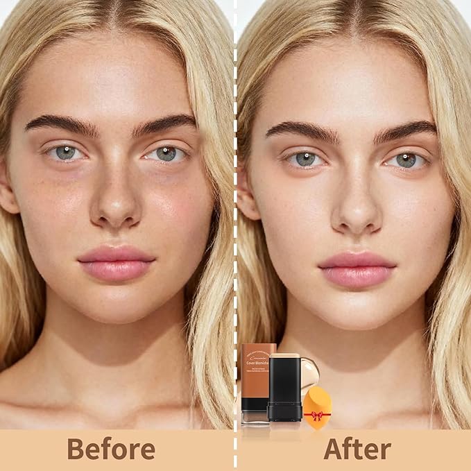 Full Coverage Foundation Stick with Contour Brush, Water Resistant & Lightweight Foundation Makeup with Beauty Sponge, Buildable Concealer Stick for Multiple Skin Tones, Daily Natural Matte Finish