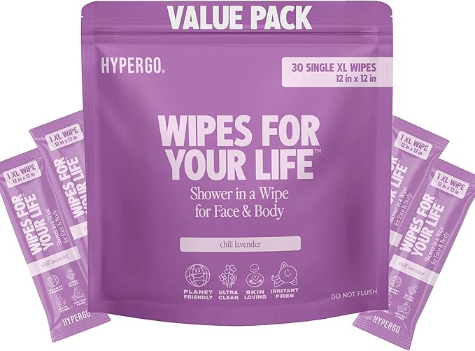 HyperGo XL Body Wipes for Women & Men – 12" x12" Rinse-Free Full Body Cleansing 30 Count Pack - Lavender | Biodegradable, Hypoallergenic, Aloe-Infused | Gym, Festival, Camping Essentials
