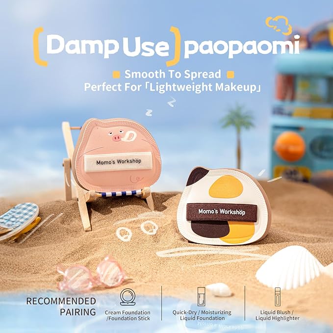 2-Pack Cute Sleepy Pig Makeup Sponge Oxygen-Finish Makeup Sponge for Liquid Foundation & Cream Blush, 85° Angled Tip, Hydrophilic PU for Sheer & Natural Makeup, Buildable Coverage Sponge