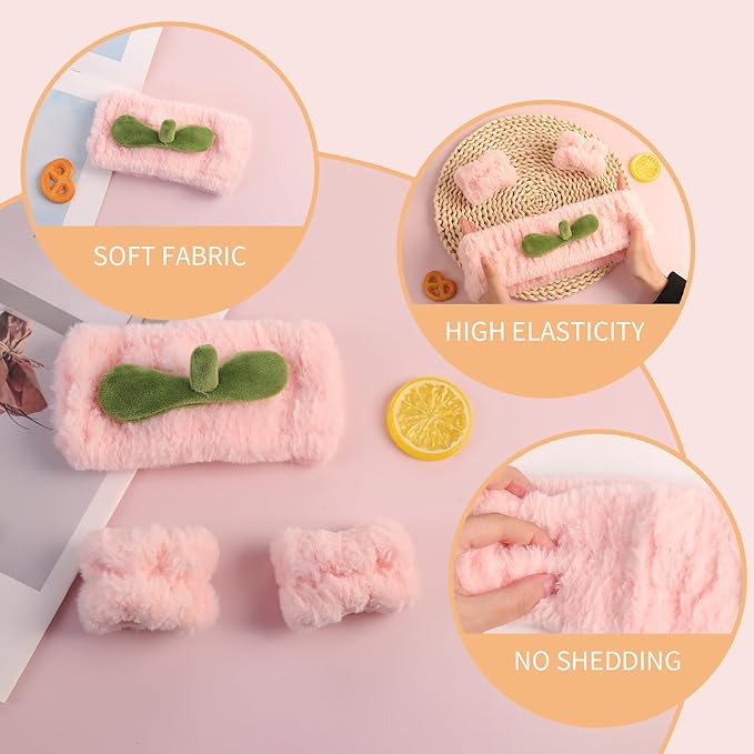PERFECTSIGHT Spa Headband for Washing Face, Cute Wristband Hair Band Set for Shower Yoga Beauty Skincare Party, Soft Fluffy Makeup Headband, Kawaii Facial Headbands for Woman Girls, Peach