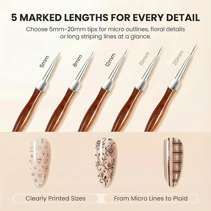 AMiLHiTon 5 Pcs Nail Art Liner Brushes, Wooden Handle Striping Brushes for Ultra Fine Lines, Plaid & Floral Detailing, Gel Polish & Acrylic Painting, 5/8/12/15/20mm (Wood Color)