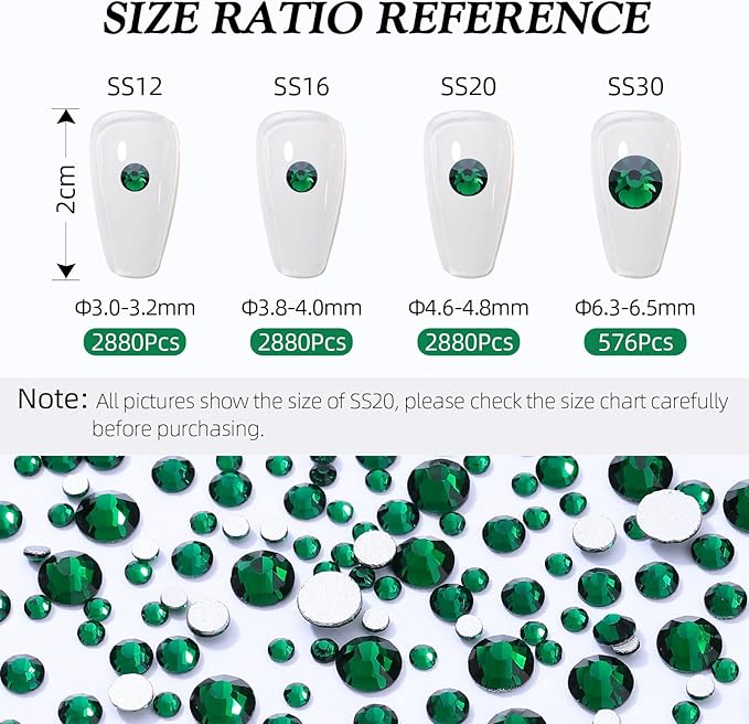 Meibite Green Flatback Rhinestones, Glass Rhinestones for Nail Art and Craft, Glue Fix, Loose Crystal Gemstones(Green, SS16, 2880pcs, 3.8-4.0mm)