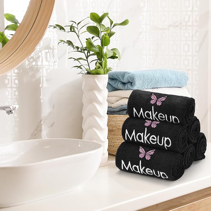 Shimeyao 20 Pack Makeup Towels Black Makeup Washcloths for Face Butterfly Microfiber Remover Cloth 13x13 Inch Quick Dry Face Towels for Cleansing Hand