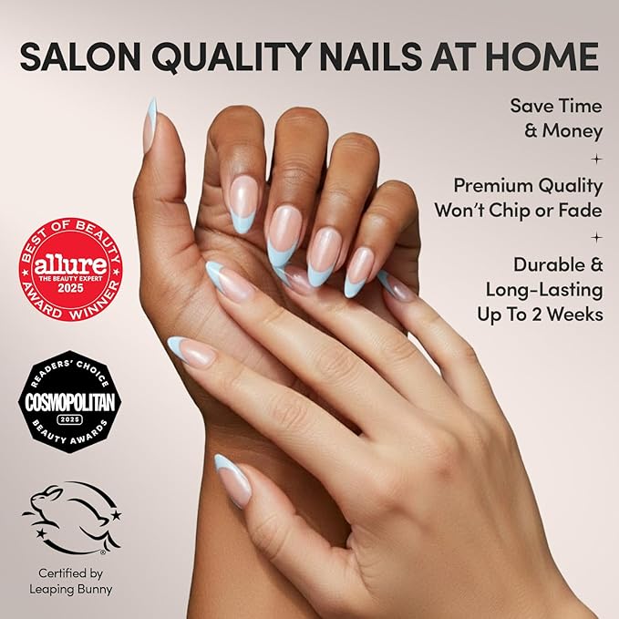 Glamnetic Press On Nails - Blueberry Icing | Short Almond Baby Blue French Tip Nails with a Glaze Finish | 15 Sizes - 30 Nail Kit with Glue