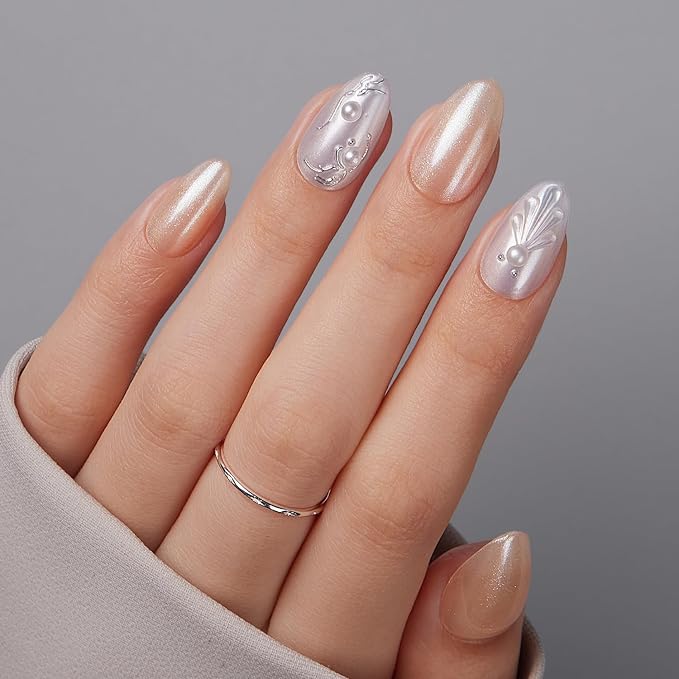 VSALON Press-On Nails Short Almond - 42 PCS Pearl White 3D Metallic Fake Nails for Women, 32 Main Nails in 16 Sizes &10 Champagne Alternative Nails - Reusable Glue on Nails Set with Tool Kit