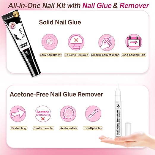 Semi Solid Nail Glue for Press-On Nails, No U V Lamp Needed, Quick-Drying Gel for Long-Lasting Fake Acrylic Nails, Includes Remover