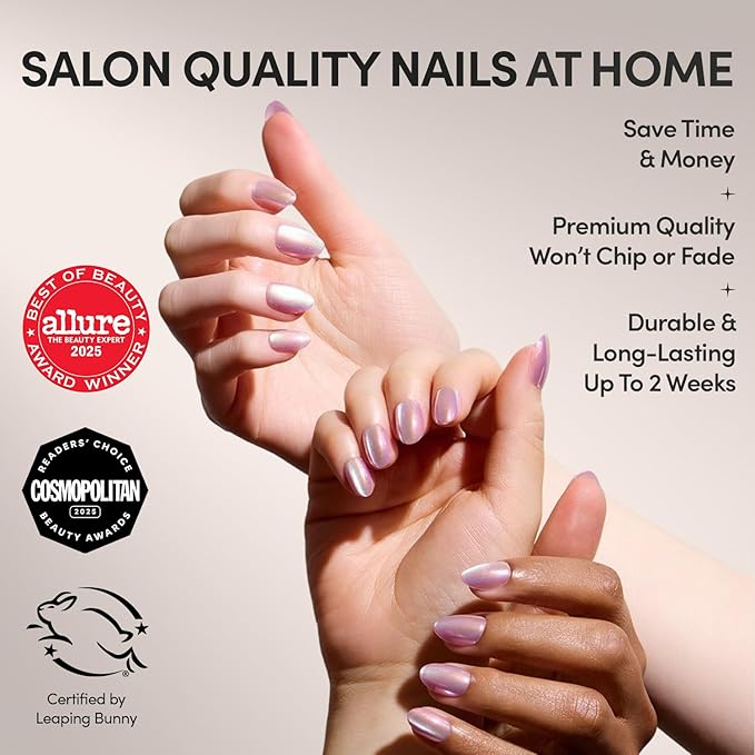 Glamnetic Press On Nails - Oyster | Short Oval Cat Eye Fake Nails with a Velvet Pearlescent Finish, Salon Quality Summer Nails | 15 Sizes - 30 Nail Kit with Glue