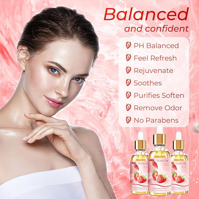 BASSI 2PCS Yoni Oil Organic Feminine Oil Vaginal Moisturizer - Ph Balance for Women - Feminine Deodorant - Eliminates Odor With Strawberry Essential Oil, All Natural Yoni Oil (Strawberry)