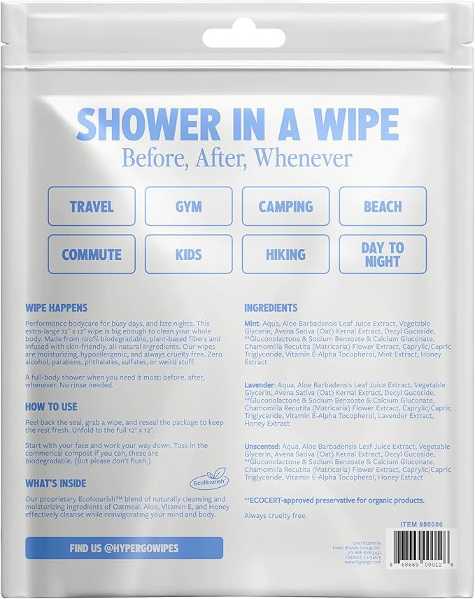 HyperGo XL Body Wipes for Women & Men – 12" x12" Rinse-Free Full Body Cleansing 10 Count Pack - Variety | Biodegradable, Hypoallergenic, Aloe-Infused | Gym, Festival, Camping Essentials