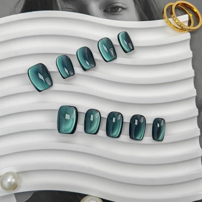 Cat Eye Press on Nails Handmade Short Oval/Square/Round False Nails with French Tip/Aurora/Magnetic Shimmer Designs (Side#Malachite L)