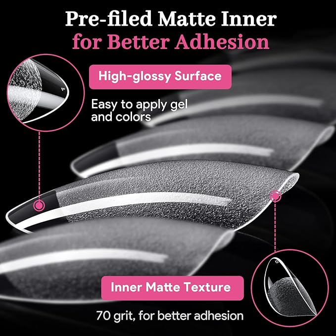 Qiek Short Almond Nail Tips - 15 Sizes 240 PCS Half Matte Full Cover Clear Fake Nails Pre-shaped Press On False Nail Tips Acrylic Soft Nail Gel Tips No C Curve Extension Manicure Home DIY Gelly Tips