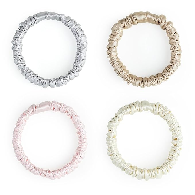Silklab 22 Momme 100% Mulberry Silk Hair Ties, Well-Hold Elastic for No-Damage (4Pack,Champagne,LightGray,CreamWhite,LightPink), 6A, Scrunchies, Reduces Frizz & Breakage, OEKO-TEX Certified