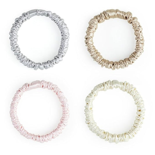 Silklab 22 Momme 100% Mulberry Silk Hair Ties, Well-Hold Elastic for No-Damage (4Pack,Champagne,LightGray,CreamWhite,LightPink), 6A, Scrunchies, Reduces Frizz & Breakage, OEKO-TEX Certified