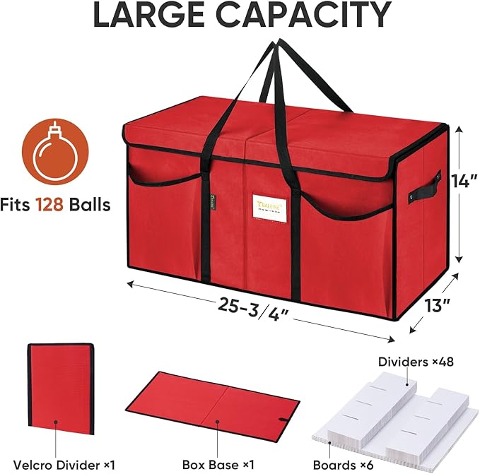 BALEINE Christmas Ornament Storage Box with Dividers, Premium Holiday Ornaments Storage Container Bin for Xmas Decorations (128 Ball, Red, Without Tray)