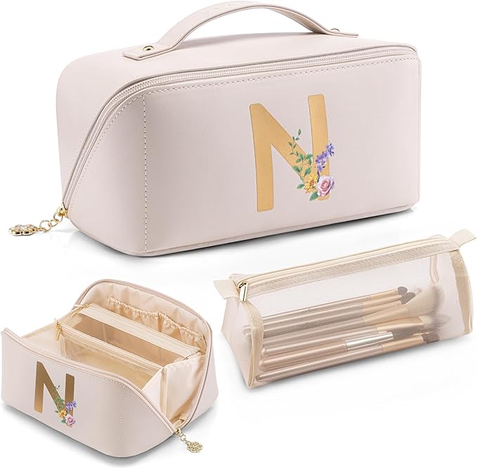 Vlando Gift Ideas for Women,Large Makeup Storage Bag,Birthday Gifts for Girls,Travel Toiletry Bag Skincare Bag for Women Girlfriend Wife Bridesmaid Teenage(Letter N)