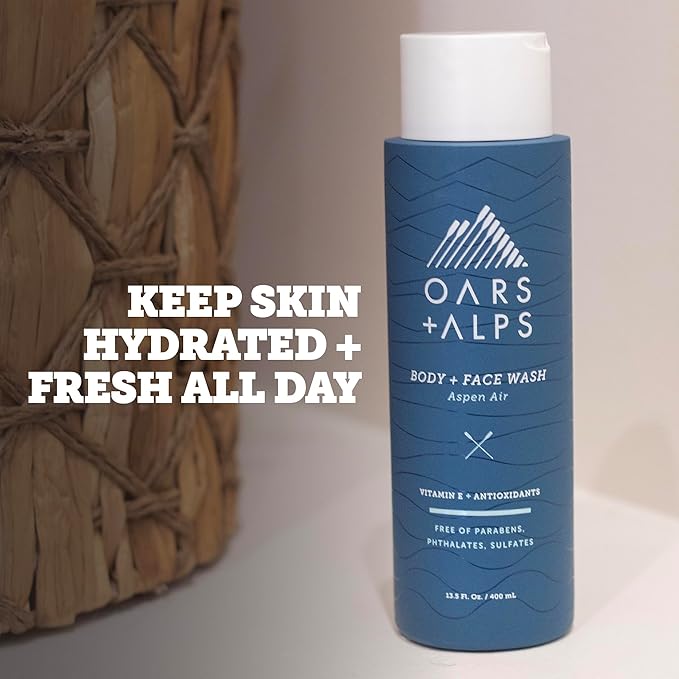 Oars + Alps Body and Face Wash for Men, Mens Body Wash & Face Cleanser with Vitamin E and Antioxidants, Moisturizing, Hydrating, Paraben & Sulfate Free Cleanser, Aspen Air, 2pk