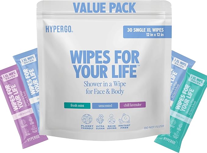 HyperGo XL Body Wipes for Women & Men – 12" x12" Rinse-Free Full Body Cleansing 30 Count Pack - Mint | Biodegradable, Hypoallergenic, Aloe-Infused | Gym, Festival, Camping Essentials
