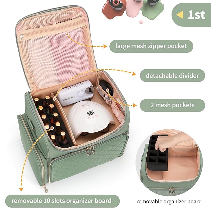 Extra Large Nail Polish Organizer Case Holds 86 to 100+ Bottles Nail Polish & Nail Lamp, Nail Supplies Storage Carrying Bag with 2 Removable Pouches, Portable Nail Tech Travel Box (Green, 86 Slots)