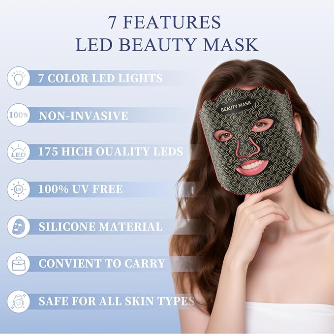 Red Light Therapy for Face, 7-Color LED Red Light Mask and 95 LEDs, 3 Level Timer, Remote Control, Portable for Home & Travel, Gift for Women, Black, LED Light Therapy mask