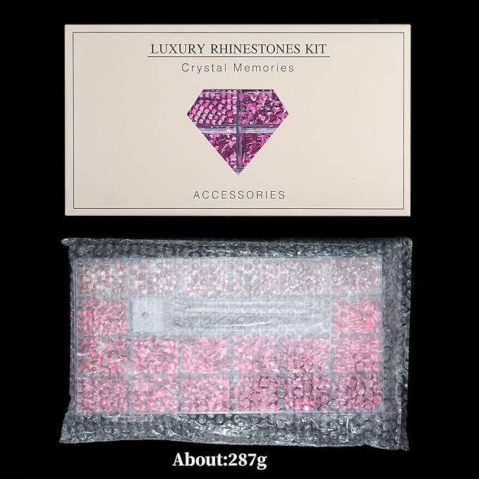 Yzzseven 14 Types of 700 Rose Pink Diamonds + 2100 Flat Rhinestones Mix 20 Styles Flatback DIY Crafts Rhinestone Crystals 3D Ornament‌s Flat Back Stones Set + Tweezers + Drill Pen