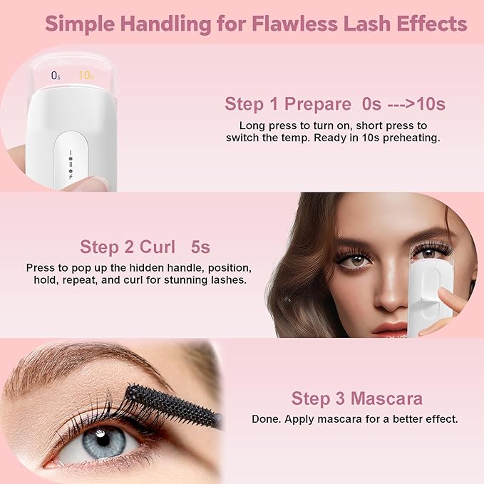 Transparent Heated Eyelash Curler, Electric Eye Lash Curler 10S Fast Heat 24Hrs Long Lasting, Portable Travel Natural C Curl Lashes Type-C Rechargeable Eyelash Curlers (White)