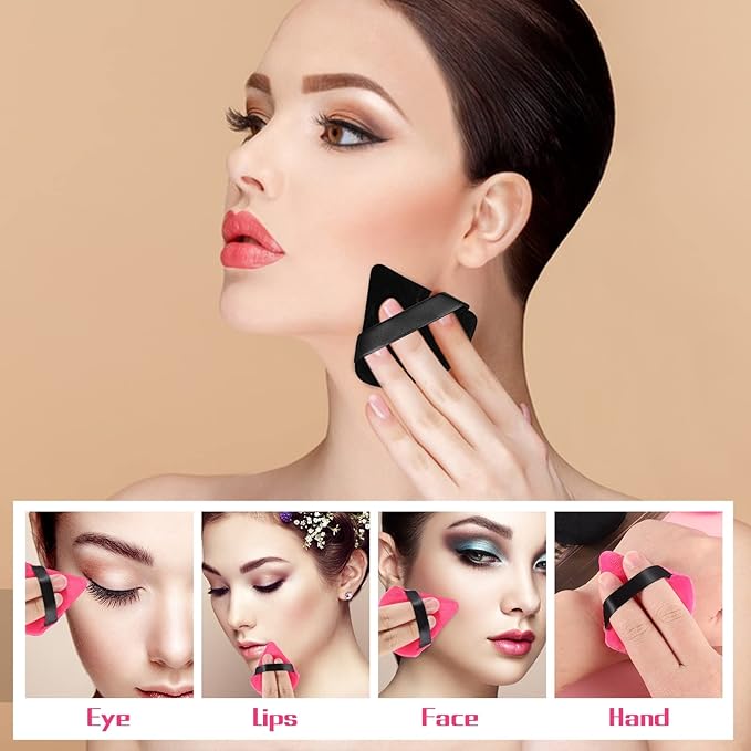 Pimoys 12 Pieces Powder Puff Soft Face Makeup Sponge Velour Triangle Powder Puffs for Loose Powder Cosmetic Foundation Sponge Beauty Makeup Tool(Black,Rose Red)