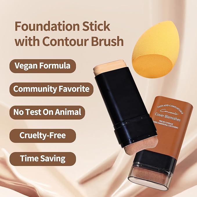 Full Coverage Foundation Stick with Contour Brush, Water Resistant & Lightweight Foundation Makeup with Beauty Sponge, Buildable Concealer Stick for Multiple Skin Tones, Daily Natural Matte Finish