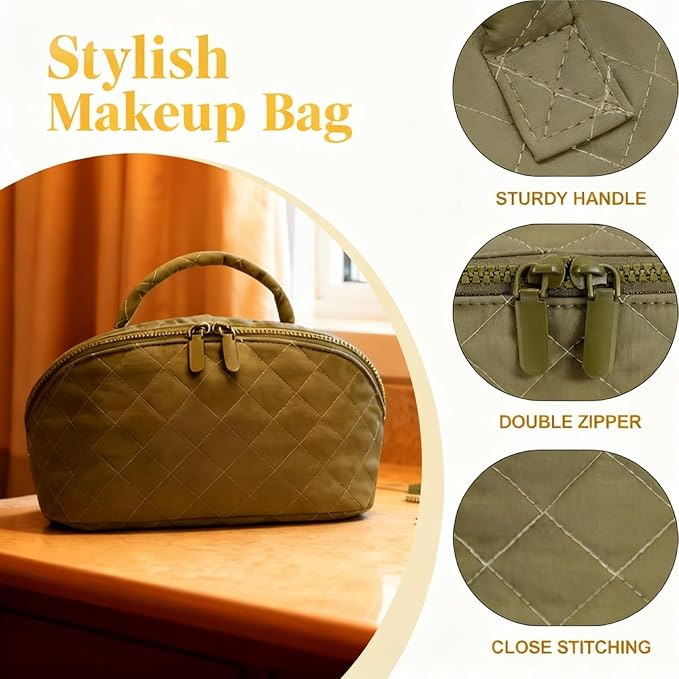 Illuminate Makeup Bag Organizer for Women Large Capacity Travel Toiletry Bag Wide Open Lay-Flat Cosmetic Bags Puffy Makeup Case with Compartments Waterproof Pouch for Toiletries & Brushes (Khaki)